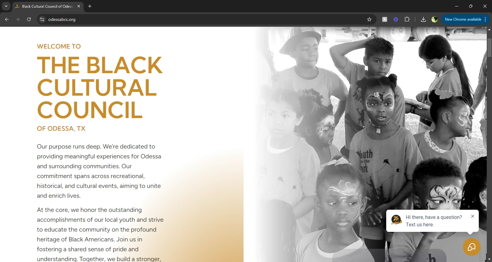 Black Cultural Council of Odessa website with oversized ochre type beside black-and-white community photography