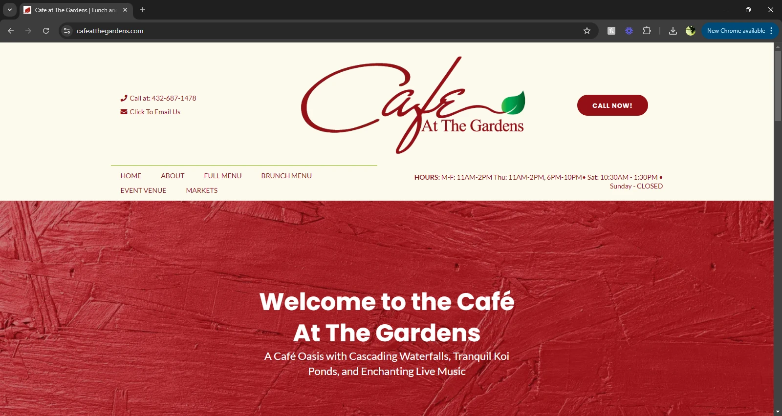 Café at the Gardens website with a flowing script logotype over a rich red textured hero