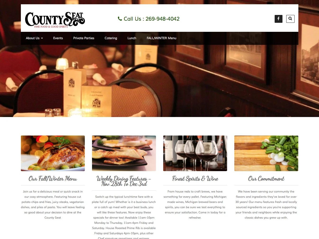 County Seat restaurant website with a vintage logotype, warm interior photography and menu navigation