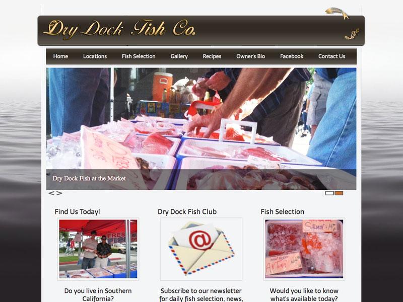 Dry Dock Fish Co. website with a gold script logo, farmers-market seafood photography and a fish club sign-up
