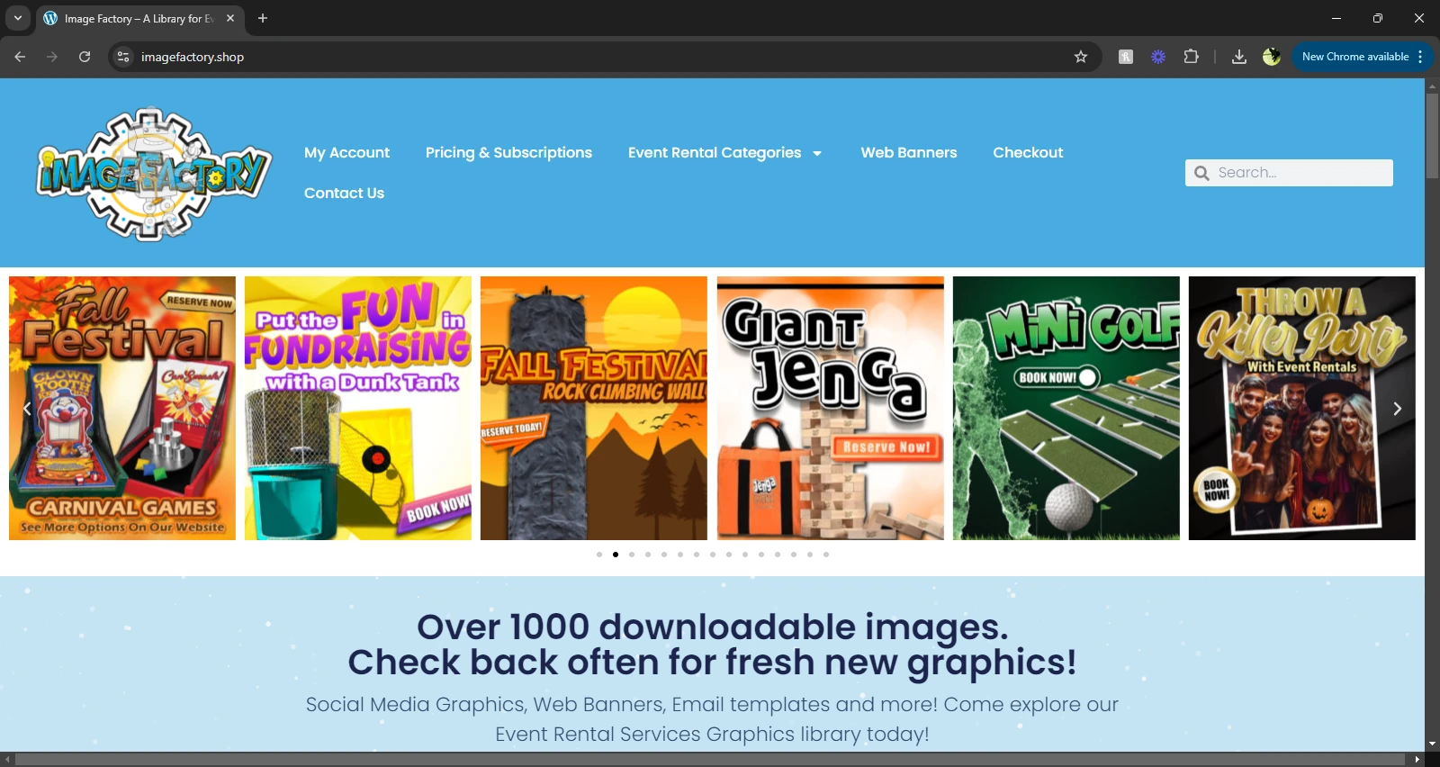 Image Factory website showing a carousel of bold event-rental promotional graphics such as carnival games and giant Jenga