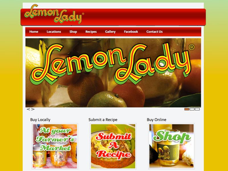 Lemon Lady food brand website featuring a hand-lettered logotype over product photography of preserves