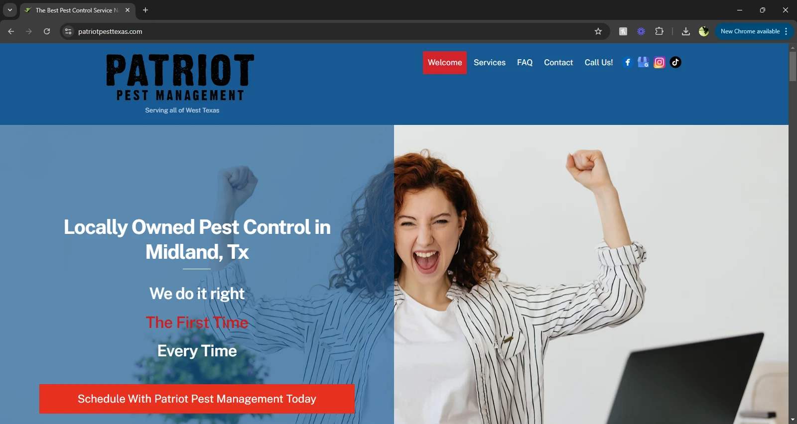 Patriot Pest Management website with a distressed logotype and a split hero built around a single strong call to action