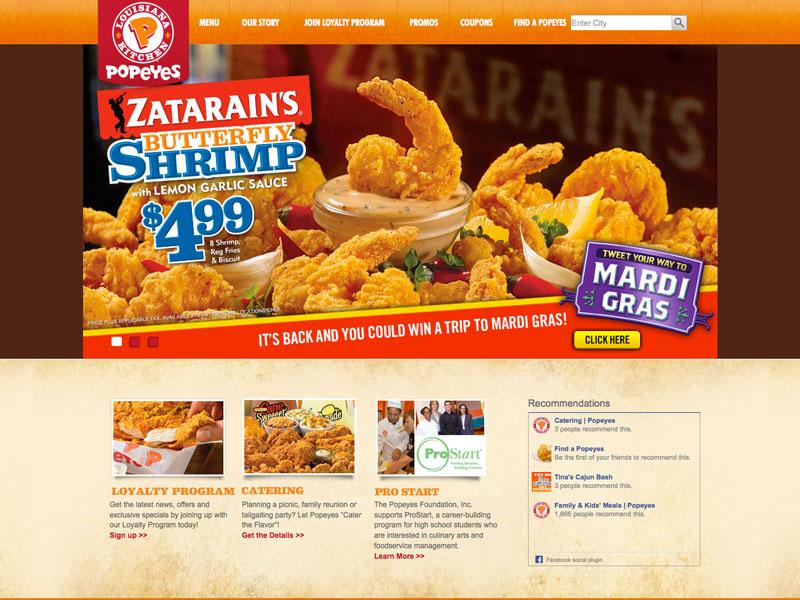 Popeyes promotional website featuring the Zatarain’s Butterfly Shrimp limited-time offer and a Mardi Gras sweepstakes