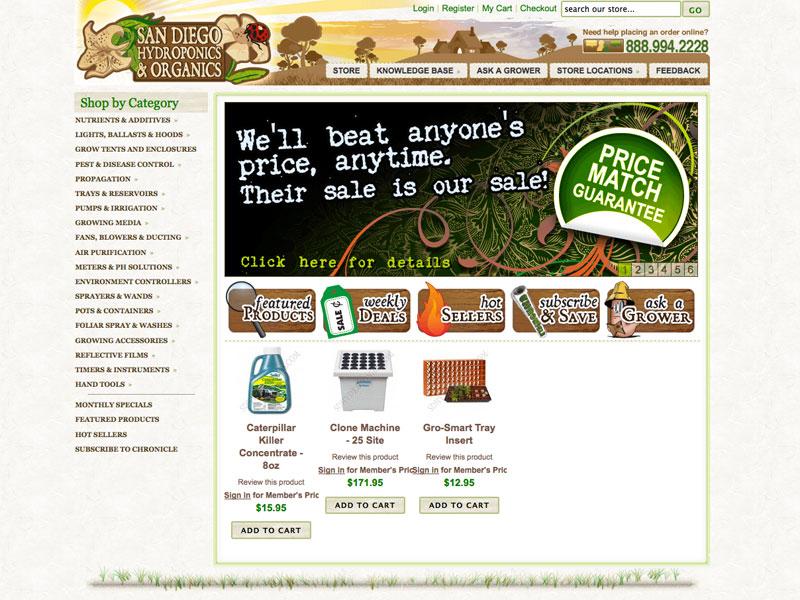 San Diego Hydroponics & Organics e-commerce storefront with an illustrated header and a price-match-guarantee promotional banner
