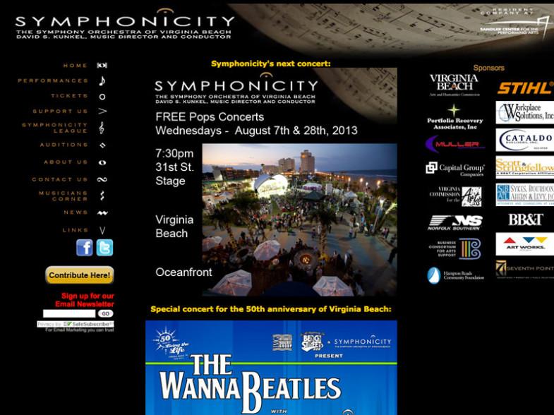Symphonicity website for the Symphony Orchestra of Virginia Beach showing concert schedule, oceanfront event photo and sponsor logos