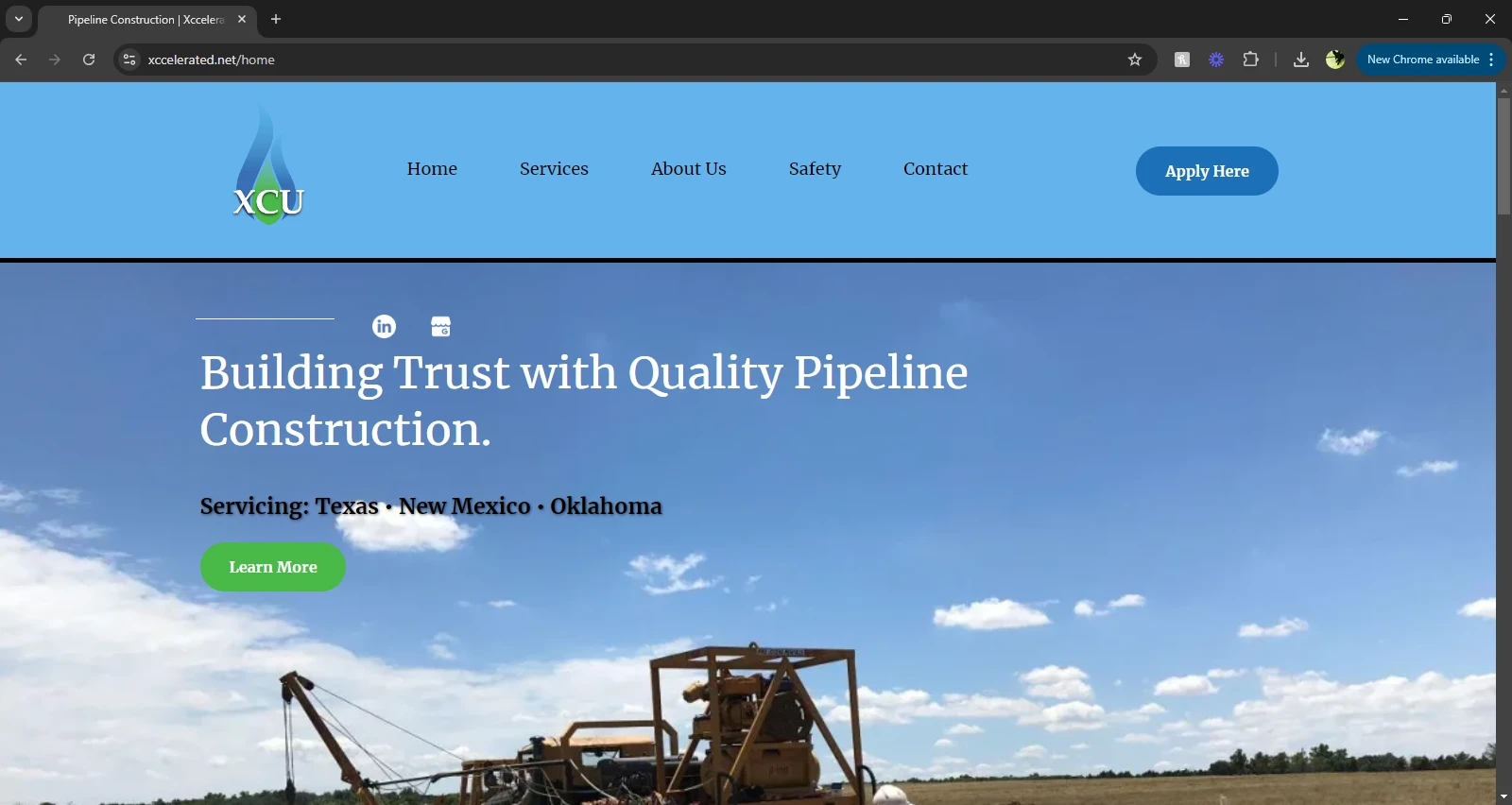 Xcelerated pipeline construction website with a droplet logo and field photography under an open sky